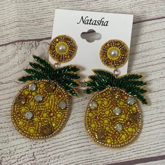 Natasha Jeweled Pineapple Earrings Beaded Dangle Felt Back Post Push Back - Picture 1 of 15